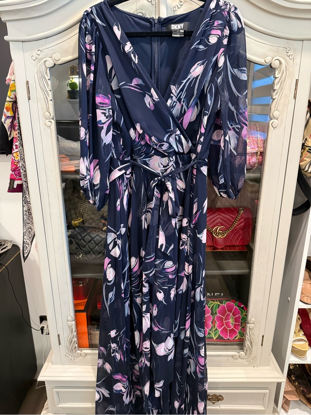 DKNY Navy Floral Wrap Maxi Dress with Pink Accents